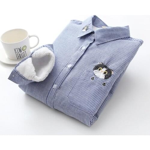 Women Winter Keep Warm Cotton Embroidery Stripe Blouse Fashion Long Sleeve Pocket Velvet Shirt Tops Blusas Feminina