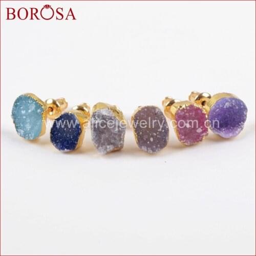 BOROSA Stylish Gold Color Freeform Rainbow Druzy Stud Earrings for Women,High Quality Gems Drusy Earrings Jewelry G1448