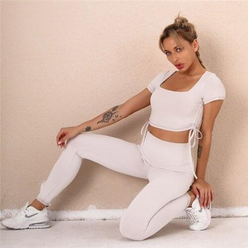 Women 2pcs Set Outfit Workout Clothes Short Sleeve Shirt+High Waist Leggings Fitness Women Drawstring Tracksuit Solid