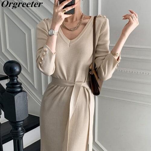 Women Winter Clothes 2021 Korean Fashion Solid Slitt Knitted Pullover Dress Robe Femme V-neck Long Sleeve Sashes Sweater Dress
