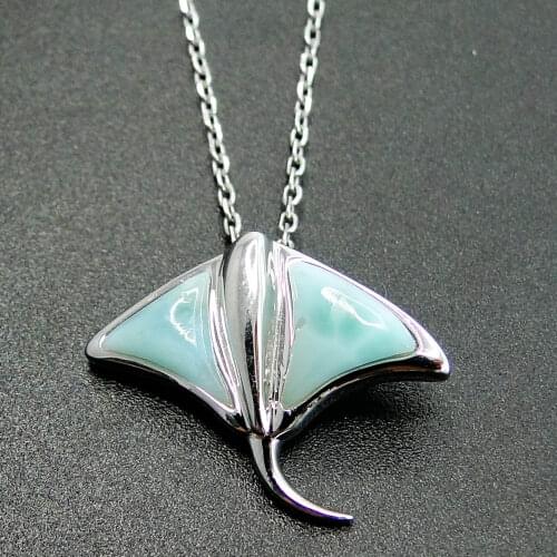 100% 925 Sterling Silver Natural Dominica Larimar Stingray Pendant Necklace For Gift
