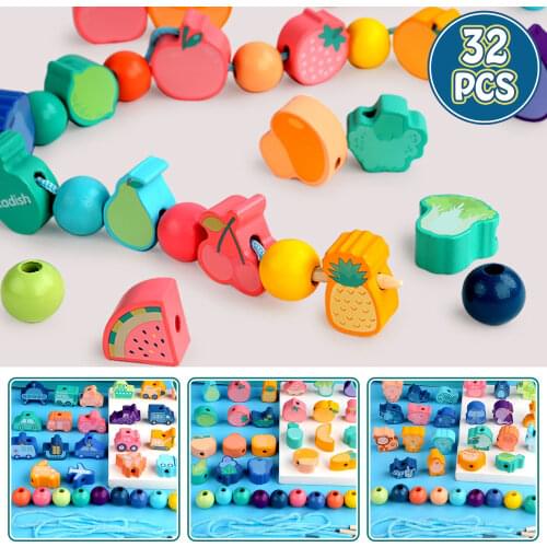 Kids 32pcs Montessori DIY Colored Wooden Cartoon Animals Shaped String Threading Lacing Beads Beading Game Jewelry Making Toys