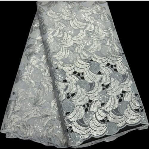 5yards/pc) high quality white African handcut organza lace fabric with bling sequins embroidery and beads for party dress OP73
