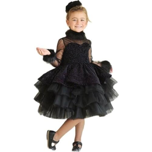 Glitter Layers Girl Wedding Party Dress Illusion Sleeve Fur Neck Girl Party Dress Elegant Baby Girl Dress детские платья