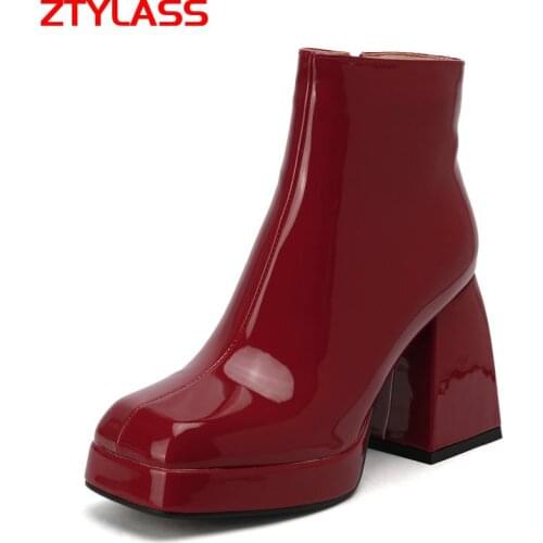 Patent Pu Leather Platform Shoer Boots Fashion Chunky High Heel Ankle Boots Autumn Winter Zipper Women Boots Black White Red