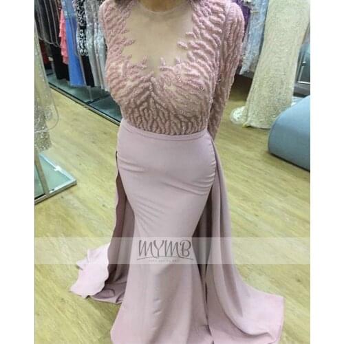 Exclusive Sparkly Mother Of The Bride Dresses Sheer Neck Long Sleeve Luxury Beading Design Detachable Train Muslim Evening Wear