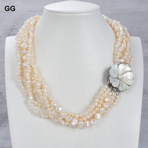 GG Jewelry 18" 7Strands Natural White Fancy Baroque Pearl Necklace Shell Flower Clasp