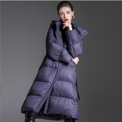 High-End Black/Purple Color waist Jackets Ladies Winter Thicken Coat Mid-Long Hooded Women Down Jacket Female Outwear Overcoat