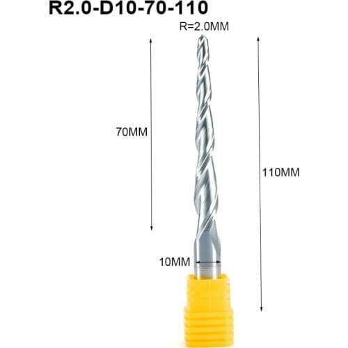 2pcs HRC55 Tapered Ball Nose End Mill Tungsten solid carbide Coated Tapered cone cnc milling cutter D10mmxR2.0x110 engraving bit