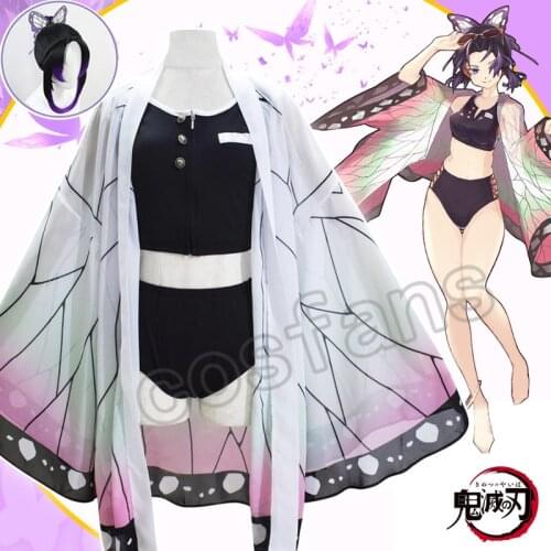 Demon Slayer Kochou Shinobu Swimming Suits with Chiffon Cloak Black Kisatsutai Kimetsu no Yaiba Shinobu Swimwear Cosplay Outfits
