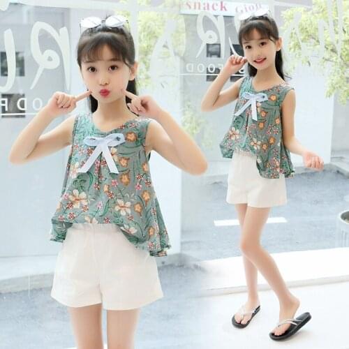 Girls Summer Clothing Set Two Pieces Suit Vest Clothes Childrens Bowtie Floral Vestcoat + White Hot Pants Shorts Twinset P123