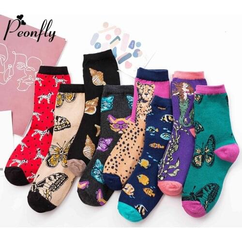 PEONFLY Colorful Womens Cotton Crew Socks Funny Cartoon Cat Dog Animal Pattern Creative Ladies Novelty Socks For Christmas Gift