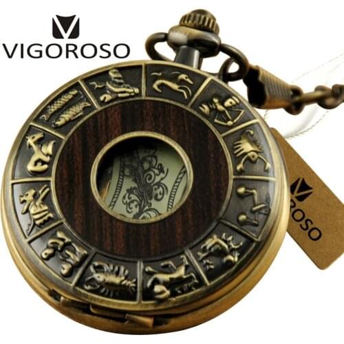 New Wooden Circle Vintage Antique Skeleton Clock Roman Numerals Hand Winding Bronze Alloy Mechanical Pocket Watch Pendant Gifts