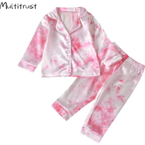 Childrens Kids Pyjamas Silk Satin Tie Dye Print Button Tops Pants Autumn Long Sleeve Sleepwear Nightwear Girls Boys Pajama Sets