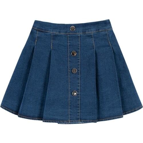 Girls' Dark Blue Elastic Belt Pleated Denim Skirt 2021 Spring New Childrens Fashion Soft Wash and Breathable Short Skirt