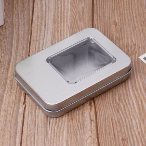 Rectangular Tin Silver Storage Box Case Organizer with Half Clear Window Lid X4YE