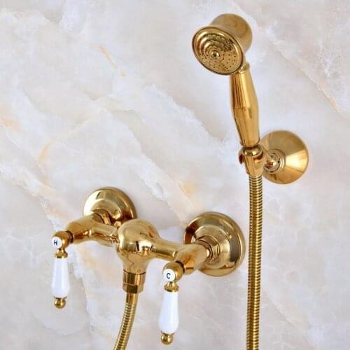 Luxury Polished Gold Color Brass Bathroom Hand Held Shower Head Faucet Set Mixer Tap Dual Ceramic Handles mna984