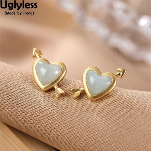 Uglyless God of Love Cupid Arrows Studs Earrings for Women Sweet Heart-shape Emerald Earrings Gold 925 Silver Gifts Jewelry Gems