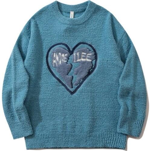 Retro Love Flocking Knitting Sweater Winter Loose O-Neck Sweater Harajuku Mens Street Pullovers Oversized Hip Hop pull homme