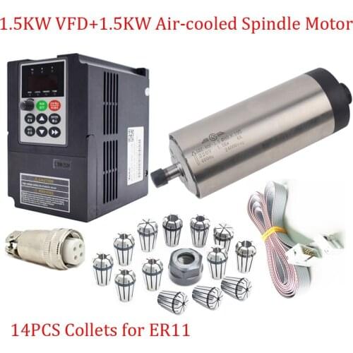 1.5KW 220V 6A 80*195mm 0.91NM 400HZ 24000rpm ER11 High Speed Spindle Motor+VFD+14PCS Collets Kits for Woodworking Engraving