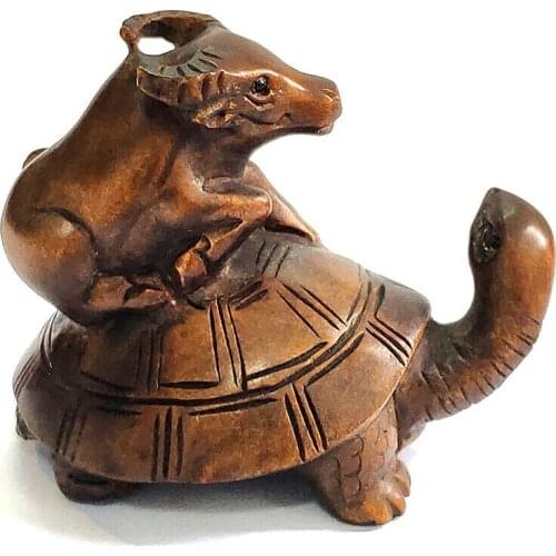 Y7612 - 2" Hand Carved Boxwood Netsuke Figurine Carving : Buffalo Taxi Turtle