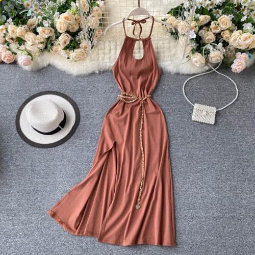 Women Elegant Dress Hollow-out Backless Sexy Halter Sleeveless Cross Slit New Fashion Solid Color Vestidos De Fiesta M627