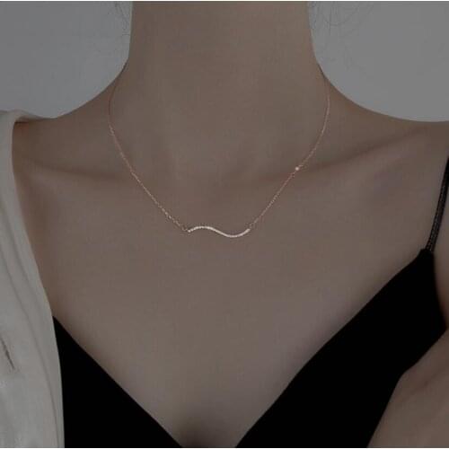 925 Sterling Silver Wave Necklace for Women Glittering Pave CZ Clavicle Chain Necklace Jewelry Collares Choker S-N731