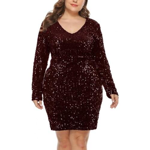 Formal Office Women Dress Sequined Shiny V Neck Solid Color Wedding Autumn Dress Bodycon