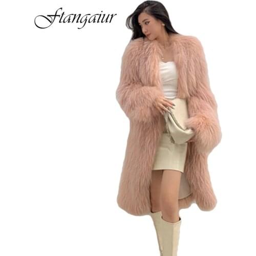 Ftangaiur 2021 Women Winter Import White Raccoon Fur Coat Weave Thick Female Coats Print X-Long Natural Losse Raccoon Fur Coats