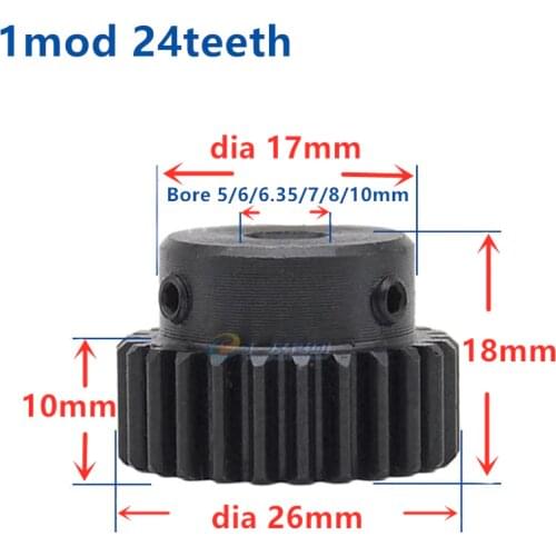 1pc Spur Gear pinion 24T 24Teeth Mod 1 M=1 Width 10mm Bore 6mm 8mm 10mm Right Teeth 45# steel cnc gear transmission RC Car tank