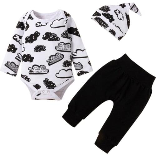 3pcs Toddler Clothes Set Baby Boy Girl Winter Cute Cloud Romper + print Pants + cap Outfits Set Baby Girls Clothes Bebes 0-18m