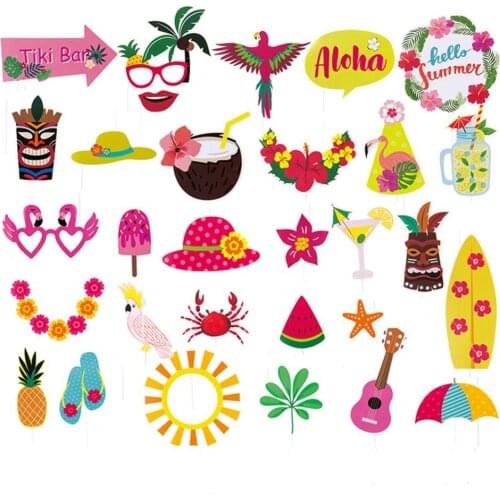30pcs Summer Party Photo Booth Props Kit DIY Luau Hawaiian Tropical Beach Wedding Birthday Party Decorations
