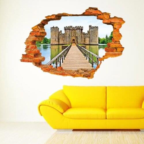 3D Break Cracked Wall View The Bridge to the Old Castle Wall Art Mural Poster Ancient Castle on the Water Wall Decal Sticker