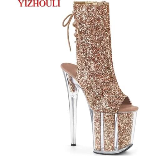 Transparent soles 20cm stiletto, 8 inch model boots for the night club show, fish mouth zip openings, sequined vamp, ankle boots