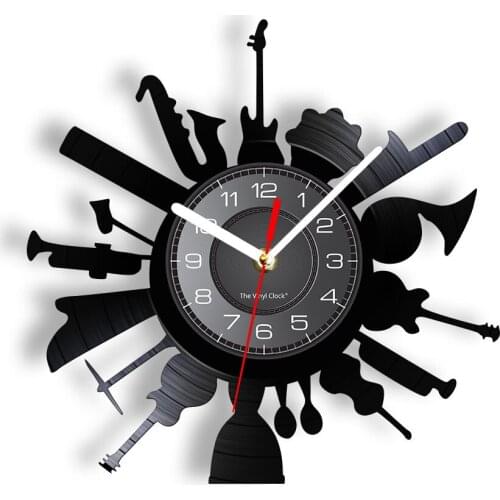 Musical Instrument Decorative Wall Clock Rock N Roll Jazz Orchestra Classical Music LED Light Vinyl Record Wall Watch Retro Art