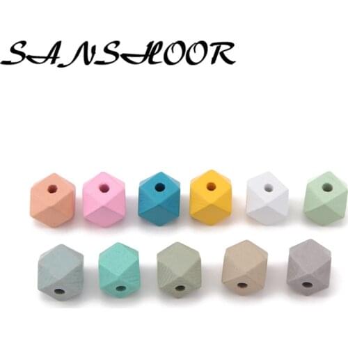 SANSHOOR 15mm DIY Geometric Wooden Beads Rainbow Color Fit Baby Teething Key Chains Women Necklace Jewelry Findings 50pcs/lot