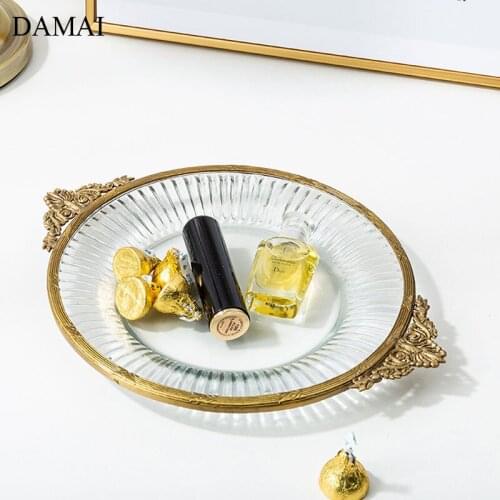 European Vintage Glass Storage Trays Brass Handle Handmade Jewelry Display Tray Coffee Table Snacks Dessert Plates Home Decor