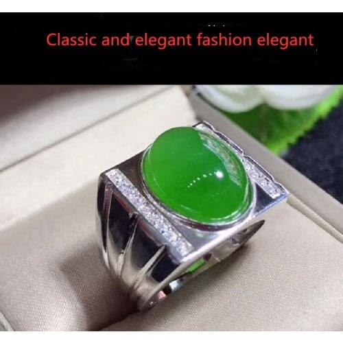 Hotan Jasper Jade S925 Silver Inlaid Egg Face Male Ring Natural Stone Diamond Ring Atmosphere Mens Ring