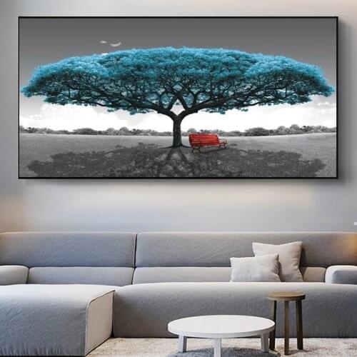 Piece canvas Painting wall art Blue tree red chair Green Yellow tree landscape Canvas art decor wall pictures