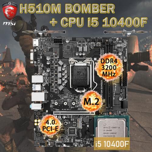 LGA1200 Placa-mãe MSI H510M BOMBER+CPU Intel Core i5 10400F Set DDR4 64Gb M.2 PCI-E 4.0 Micro ATX Motherboard Combo Desktop H510