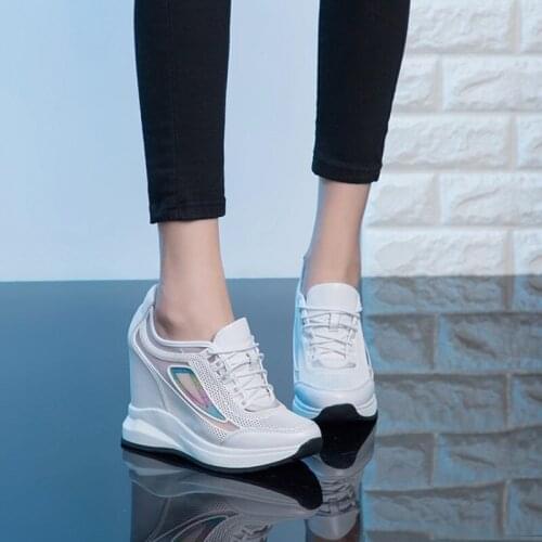 Womens Genuine Leather Sequins Holes Summer Breathable Wedge Hidden High Heel Sneakers Shoes Casual Lace Up Korean Black White