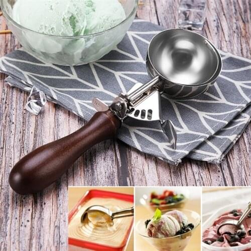 Stainless Steel Ice Cream Scoop with Wood Handle Cookie Ice Cream Spoon Kitchen Gadgets Sticks Potatoes Watermelon Fruit Tools