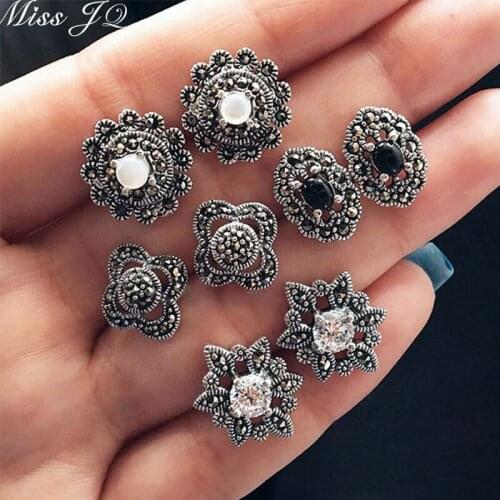 Miss JQ 5 Pairs/Set Bohemian Jewelry Opal Stud Earrings Set Female Geometric Carved Shining Blue White Crystal For Women oorbel