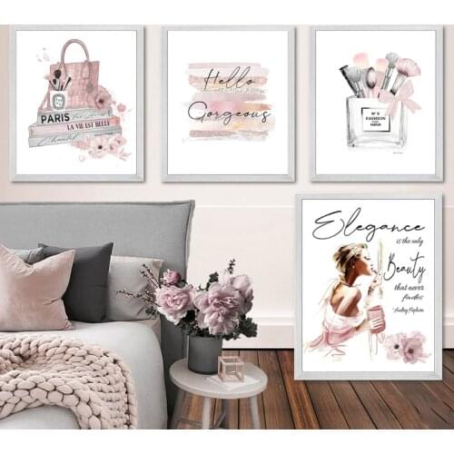 Fashion Books Fashion Poster Makeup Brushes Beauty Art Prints Canvas Painting Pink Perfume Wall art Pictures for Girl Room Decor