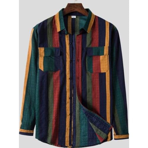 Mens Colorful Striped Long Sleeve Shirt Casual Button Up Shirts With Flap Pockets 2021 Fashion Designer Shirts