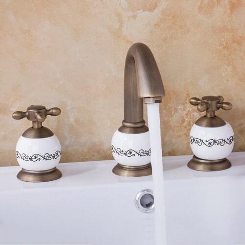 Delicate Ceramic and Antique Brass Basin Faucet Deck Mounted Dual Handle Single Hole Hot Cold Water Mixer Eminent Basin Faucet