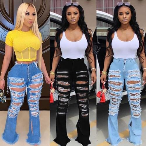 New Summer Style Womens Fashion Sexy Summer Hole Solid Color High Waist Hot Nightclub Denim Flared Pants