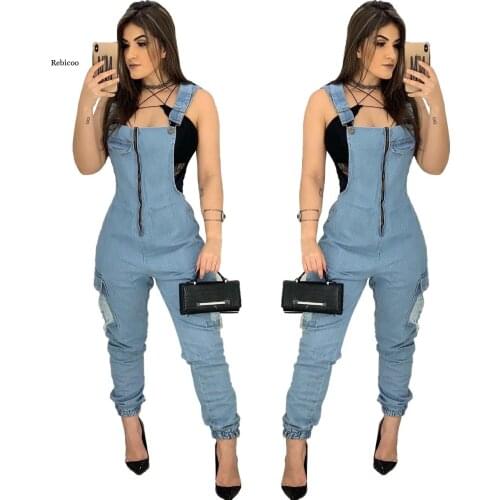 New Women Denim Jumpsuit Casual Strap Rompers Overalls Female Streetwear Bodysuit Playsuit Women Pockets Jumpsuits