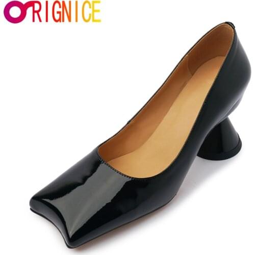 Orignice Women Special Shaped Heel Designer Strange Toe Pumps Female Solid Color Shallow Slip On Patent Leather Party Prom Shoes