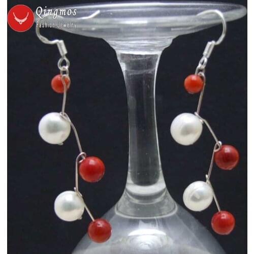 Qingmos White Flat Round Pearl Earrings for Women with 7-8mm Side Drilled Natural Pearl and Red Coral Dangle 2'' Earring-ear624